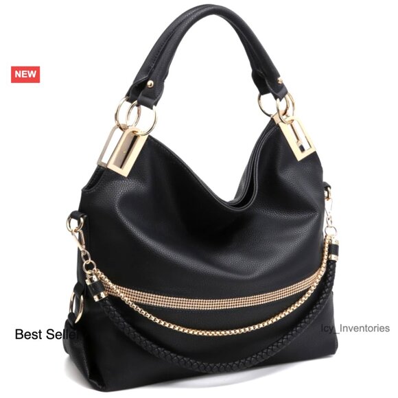 Large Hobo Bag with Rhinestone Accents Vegan Leather Tote Purse